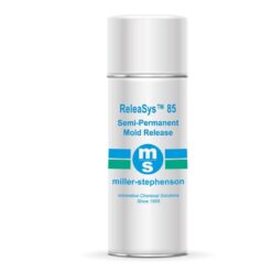 A silver aerosol can labeled "Rubber Mold Release Agents | ReleaSys™ 85" features the Miller-Stephenson logo and blue text, highlighting innovative release agents and chemical solutions since 1955.