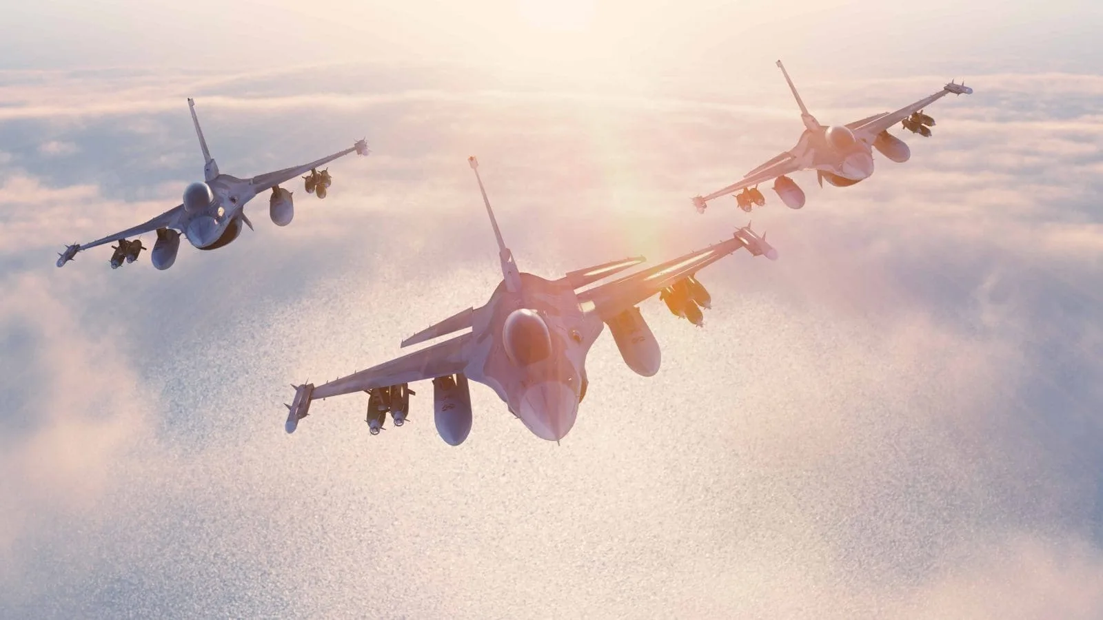 Three fighter jets fly in formation high above the clouds, sunlight illuminating them from behind, reminiscent of the precision and reliability found in advanced lubricants used to keep such powerful machines performing at their best.
