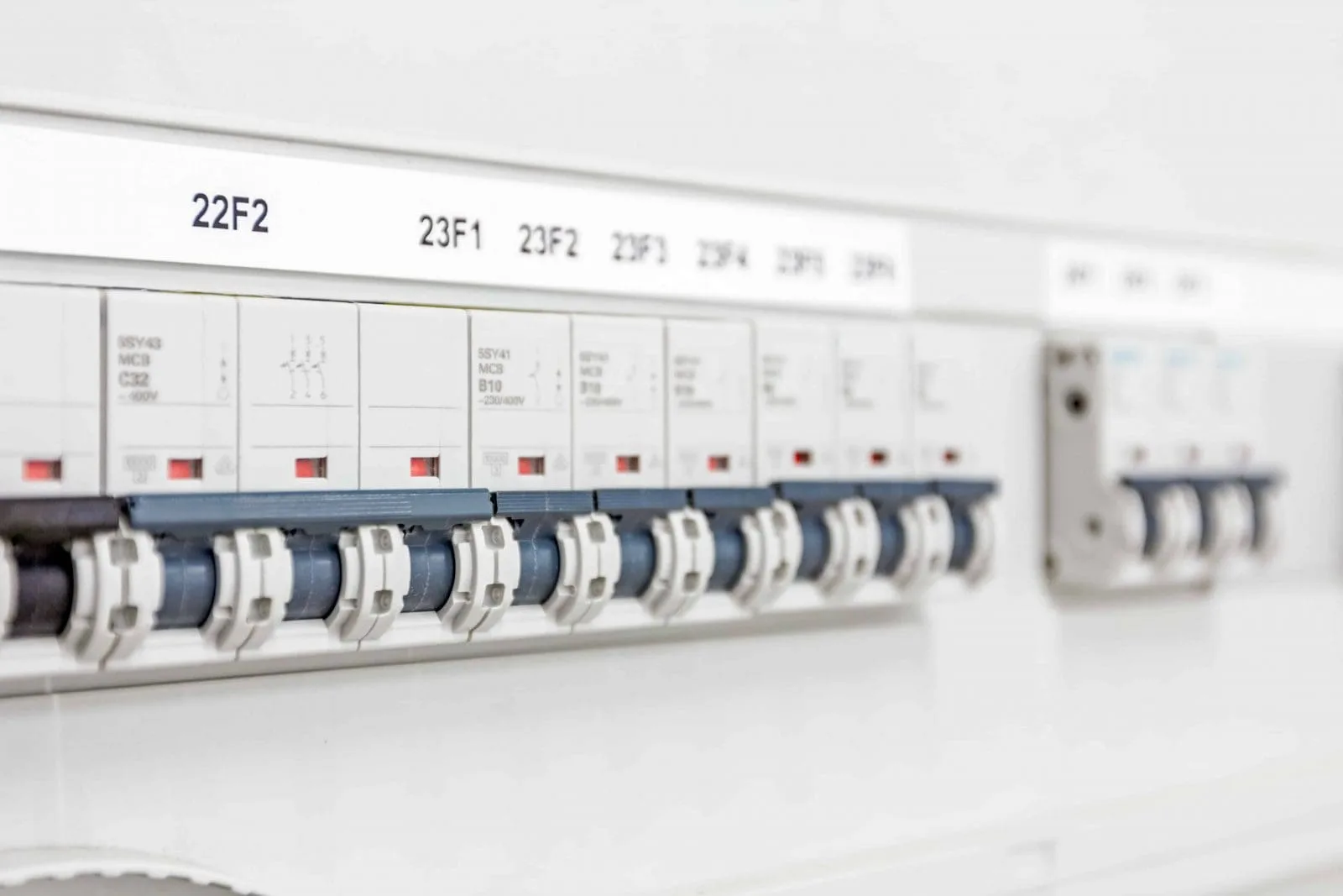 Close-up of an electrical breaker panel with labeled switches, featuring white housings and red indicators—reliably protected and ideal for use with specialized products like Electronic Cleaning Agent | MS-730L Contact Re-Nu®.