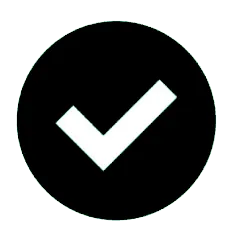 Black circular icon featuring a white checkmark in the center.