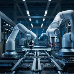 Two robotic arms working on a conveyor belt in a manufacturing facility.