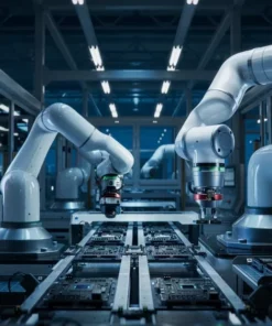 Two robotic arms working on a conveyor belt in a manufacturing facility.