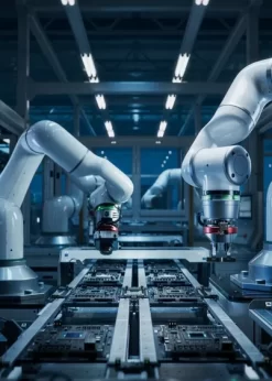 Two robotic arms working on a conveyor belt in a manufacturing facility.