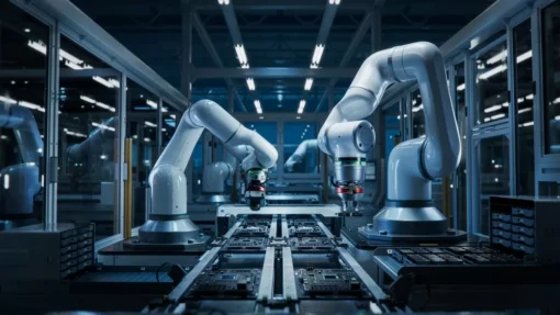 Two robotic arms working on a conveyor belt in a manufacturing facility.