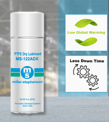 A can of PTFE Dry Lubricant MS-122ADX by Miller-Stephenson is shown. Beside it are graphics stating Low Global Warming with green leaves and Less Down Time with two interlocking gears.