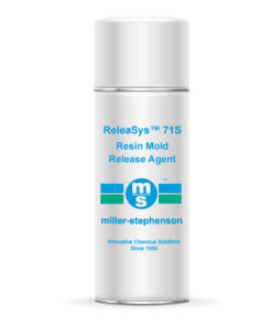 A white aerosol can labeled ReleaSys 71S Resin Mold Release Agent with a blue logo and text for Miller-Stephenson. The can has a metallic cap and says “Innovative Chemical Solutions Since 1955” at the bottom.